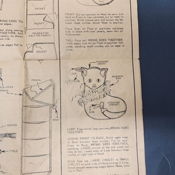 Vintage 1960s Handmade Felt Christmas Stocking Kitten Cat Feathers Pink Ribbon - Picture 9 of 9